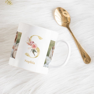 Moderne goldene Blumeninitiale S Zweifaches Foto Kaffeetasse