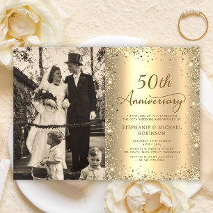 Moderne goldene Glitter-Foto 50. Hochzeitstag Einladung