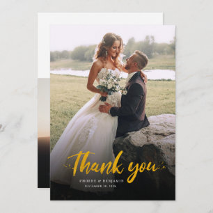 Moderne Goldene handgeschriebene Foto-Hochzeit Dankeskarte
