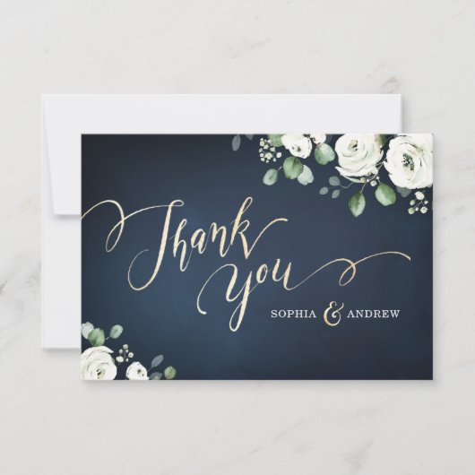 Moderne goldene Hochzeit mit blauen Blumen Dankeskarte (Vorderseite)