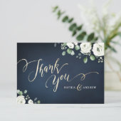 Moderne goldene Hochzeit mit blauen Blumen Dankeskarte (Stehend Vorderseite)