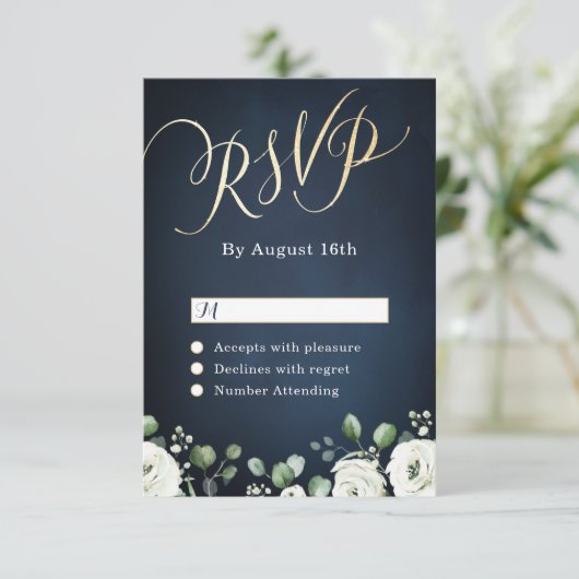 Moderne goldene Hochzeit mit blauen Blumen RSVP Karte (Stehend Vorderseite)