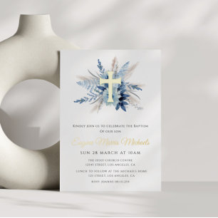 moderne goldene Kreuz blaue florale Taufe Folieneinladung