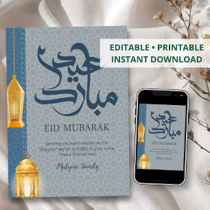 Moderne Goldene Laterne Eid Mubarak Karte Blaue Ak