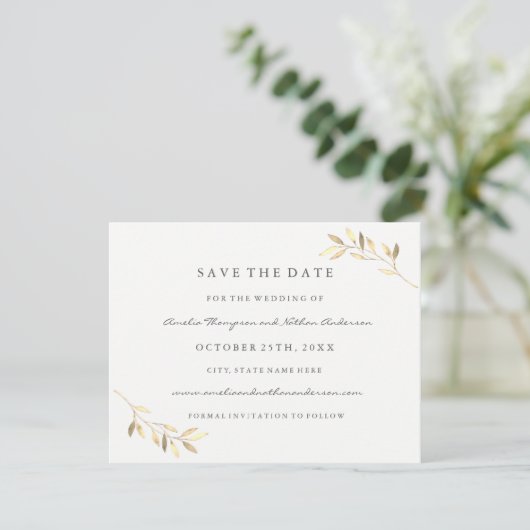 Moderne goldene Leaf-Hochzeit rettet das Datum Save The Date (Stehend Vorderseite)