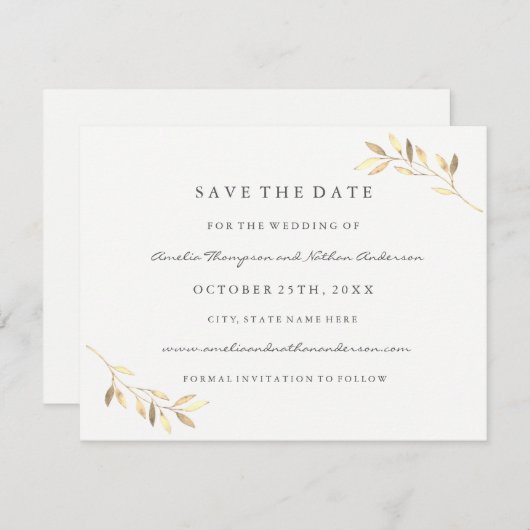 Moderne goldene Leaf-Hochzeit rettet das Datum Save The Date (Vorne/Hinten)