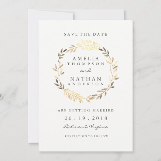Moderne goldene Leaf-Kranz-Hochzeit rettet das Dat Save The Date (Vorderseite)