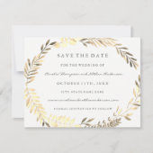 Moderne goldene Leaf-Kranz-Hochzeit rettet das Dat Save The Date (Vorderseite)