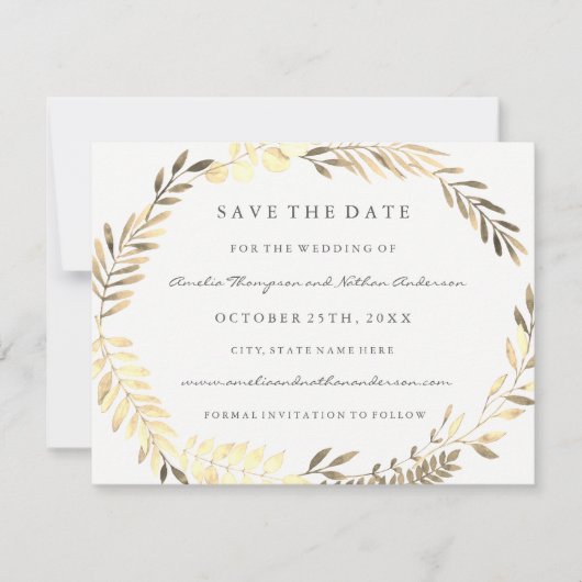 Moderne goldene Leaf-Kranz-Hochzeit rettet das Dat Save The Date (Vorderseite)