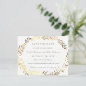 Moderne goldene Leaf-Kranz-Hochzeit rettet das Dat Save The Date (Stehend Vorderseite)