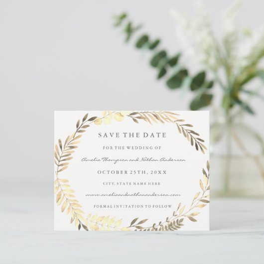Moderne goldene Leaf-Kranz-Hochzeit rettet das Dat Save The Date (Stehend Vorderseite)