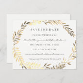 Moderne goldene Leaf-Kranz-Hochzeit rettet das Dat Save The Date (Vorne/Hinten)