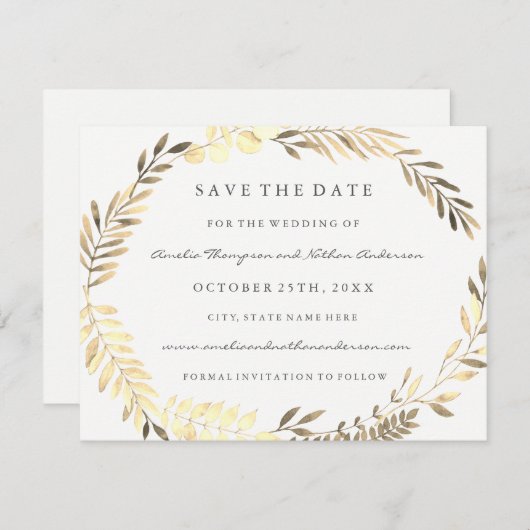 Moderne goldene Leaf-Kranz-Hochzeit rettet das Dat Save The Date (Vorne/Hinten)