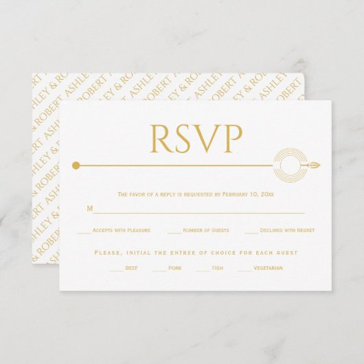 Moderne goldene Linie mit zentrischem Kreis Hochze RSVP Karte (Vorne/Hinten)