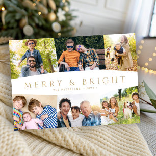Moderne goldene Merry and Bright 6-Foto-Weihnachts Feiertagskarte
