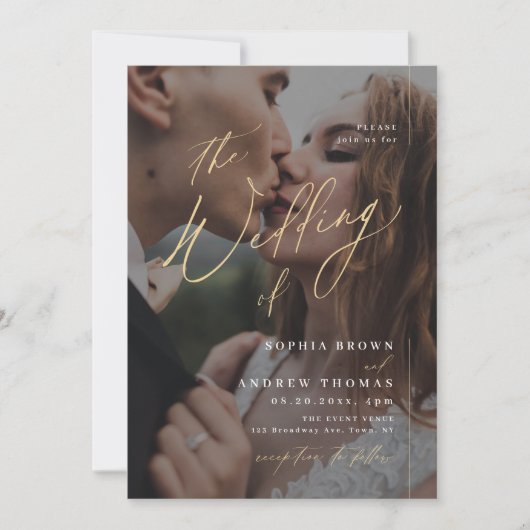 Moderne, goldene, minimalistische Hochzeit des Fot Einladung (Vorderseite)