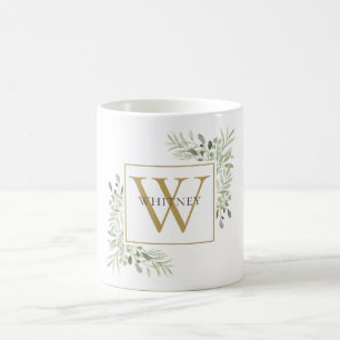 Moderne goldene Monogramm-Grünpflanzen-Blumen Kaffeetasse