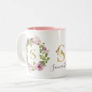 Moderne goldene Monogramm S Wasserfarben-Blumenkra Zweifarbige Tasse