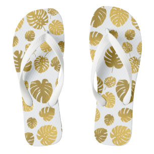 Moderne goldene Monstera-Tropenblätter-Muster Badesandalen