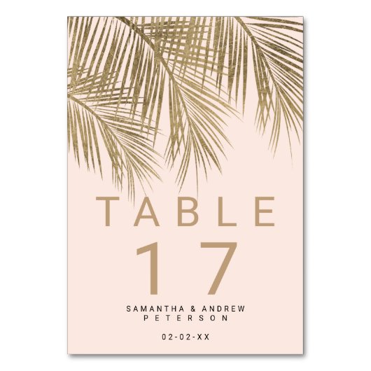 Moderne goldene Palme eleganten Hochzeitstisch ros Tischnummer (Vorderseite)
