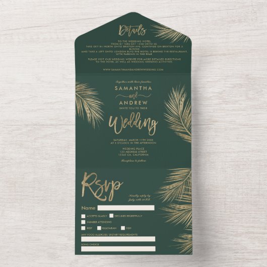 Moderne goldene Palme tropische grüne Hochzeit All In One Einladung (Innen Boden)