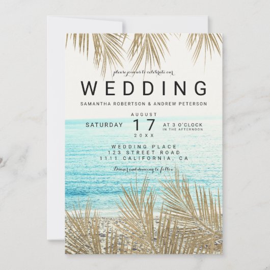 Moderne goldene Palmen, elegantes Foto Einladung (Vorderseite)