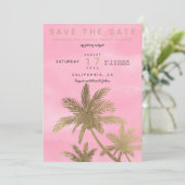 Moderne goldene Palmen, rosa elegant Save the Date (Stehend Vorderseite)