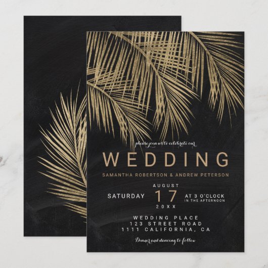 Moderne goldene Palmen-Tafel elegante Hochzeit Einladung (Vorne/Hinten)