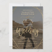 Moderne goldene Rahmen einfache Foto-Skript Hochze Einladung (Vorderseite)