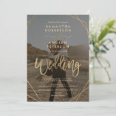 Moderne goldene Rahmen einfache Foto-Skript Hochze Einladung (Stehend Vorderseite)