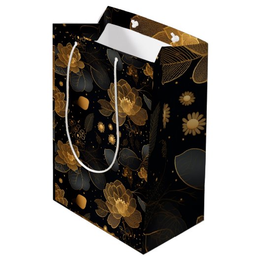 Moderne goldene Rose individuelle Name Mittlere Geschenktüte (Rückseite Schrägansicht)