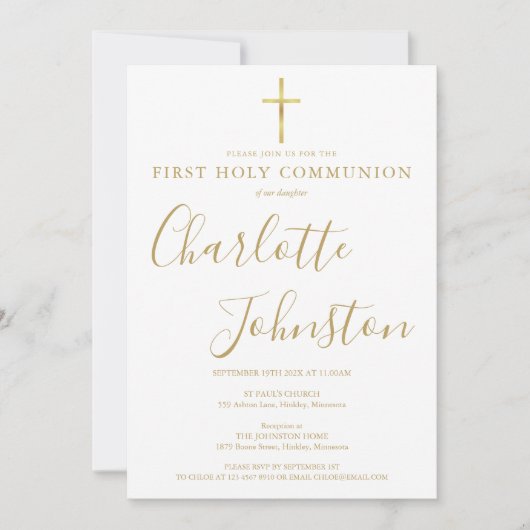 Moderne goldene Signatur Erste Heilige Kommune Einladung (Vorderseite)