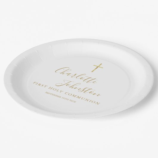 Moderne goldene Signatur Erste Heilige Kommune Pappteller (Schrägansicht)