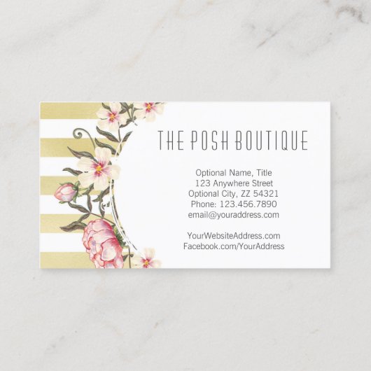 Moderne goldene Streifen und rosafarbene Rose Klei Visitenkarte (Rückseite)