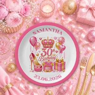 Moderne goldene und rosa funkelnde 30. Geburtstags Pappteller