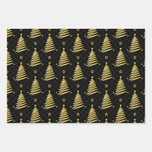 Moderne goldene Weihnachtsbäume auf schwarz Geschenkpapier Set (Vorderseite)