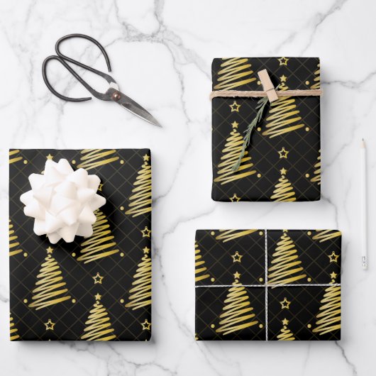 Moderne goldene Weihnachtsbäume auf schwarz Geschenkpapier Set (Vorderseite)