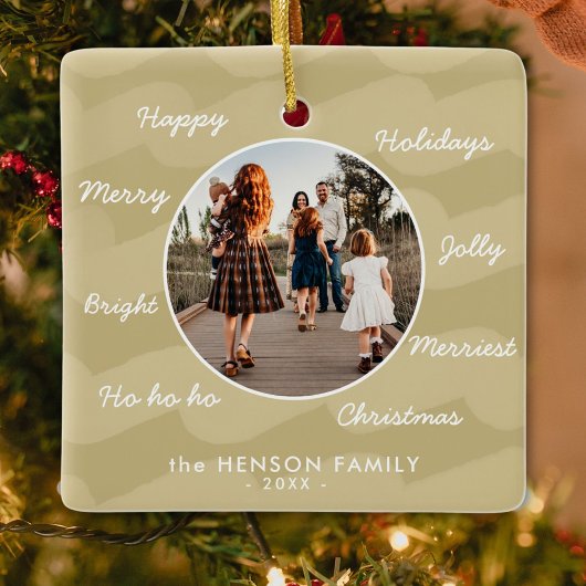 Moderne Goldene Weihnachtswünsche Familien-Foto Keramikornament