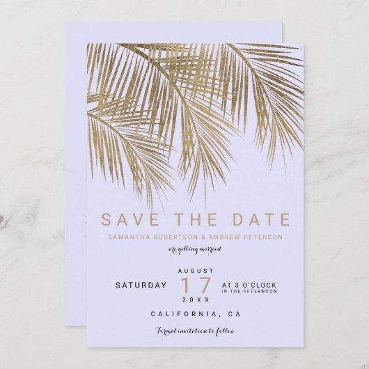 Moderne goldfarbene lila Palme Save the Date elega (Vorne/Hinten)