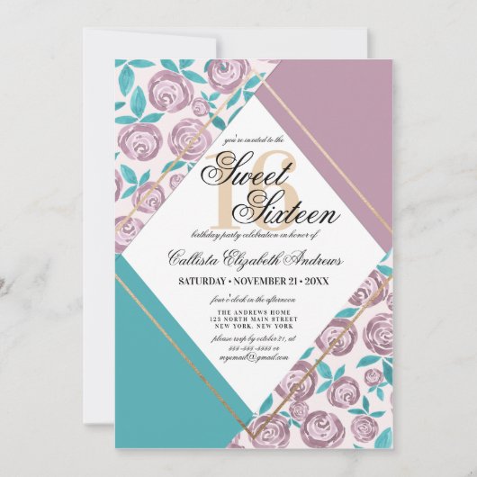 Moderne goldfarbene rosa Blume Wasserfarbe Süß 16 Einladung (Vorderseite)