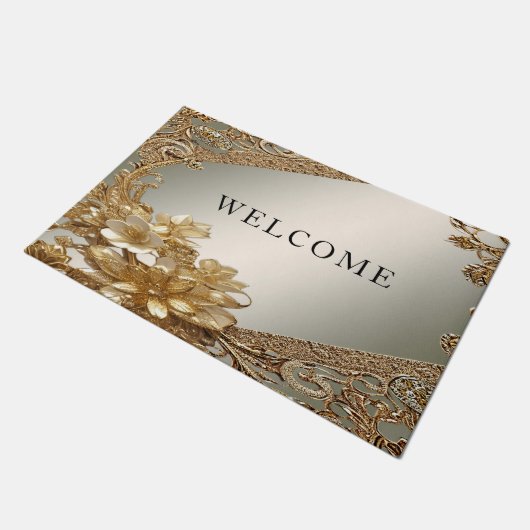 Moderne goldfarbene Verzierte Blumenmatte Fußmatte (Schrägansicht)