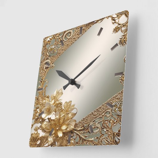 Moderne goldfarbene Verzierte Blumenmauer Quadratische Wanduhr (Winkel)