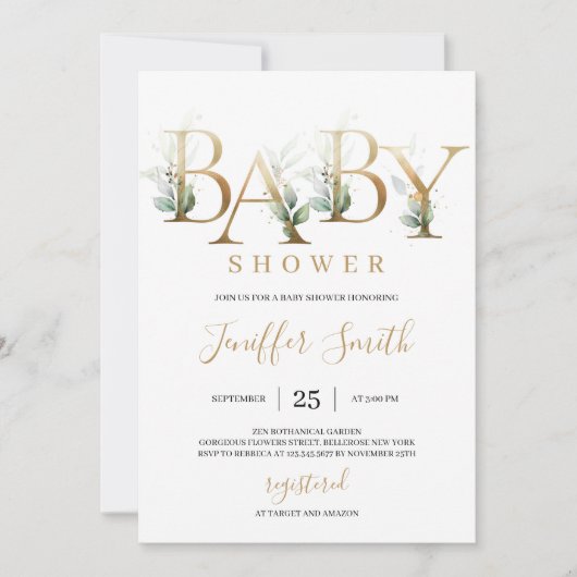 Moderne Goldfolie Buchstaben Grün Blätter Babydusc Einladung (Vorderseite)