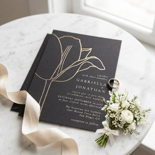 Moderne Goldfolien-Blumen-Hochzeit im Charcoal-Sti Folieneinladung