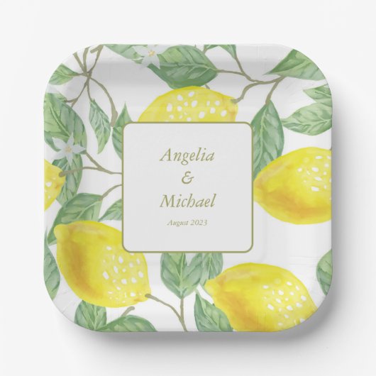 Moderne goldgelbe Zitronen Grüne Blätter Hochzeit Pappteller (Vorderseite)