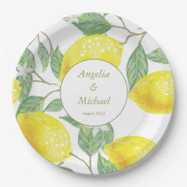 Moderne goldgelbe Zitronen Grüne Blätter Hochzeit Pappteller