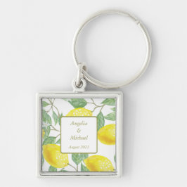 Moderne goldgelbe Zitronen Grüne Blätter Hochzeits Schlüsselanhänger