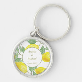 Moderne goldgelbe Zitronen Grüne Blätter Hochzeits Schlüsselanhänger