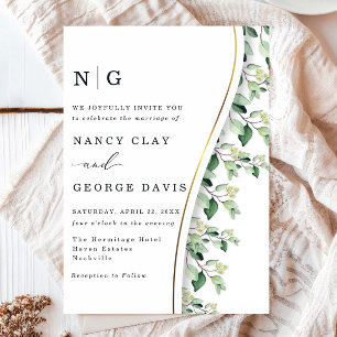 Moderne Goldgrün-Blätter Monogram Wedding Einladung