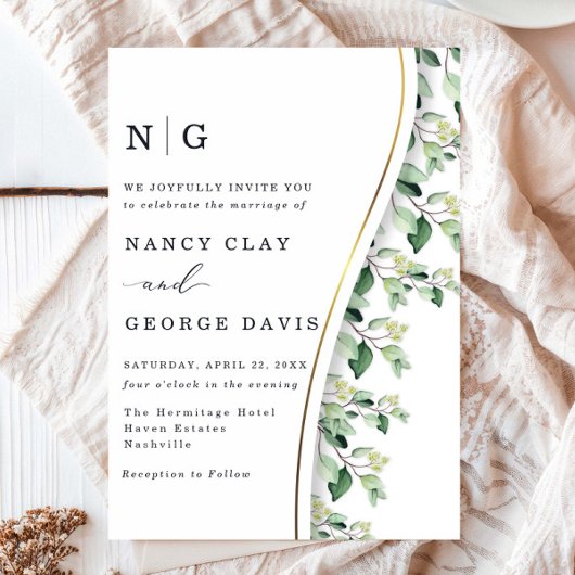 Moderne Goldgrün-Blätter Monogram Wedding Einladung